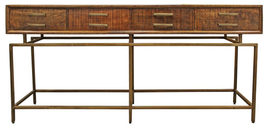 72" Brown and Brass Solid Wood Distressed Six Leg Console Table With Four Drawers