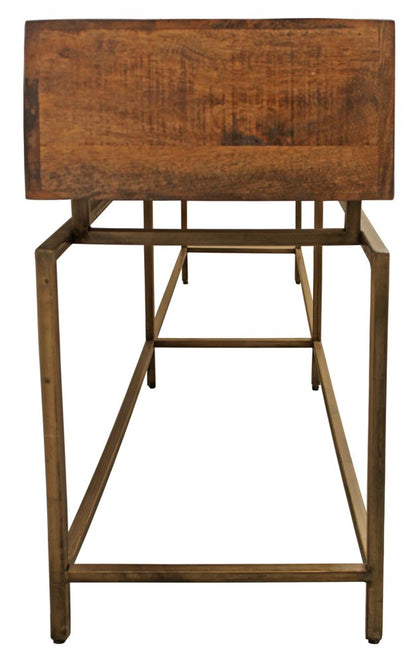 72" Brown and Brass Solid Wood Distressed Six Leg Console Table With Four Drawers