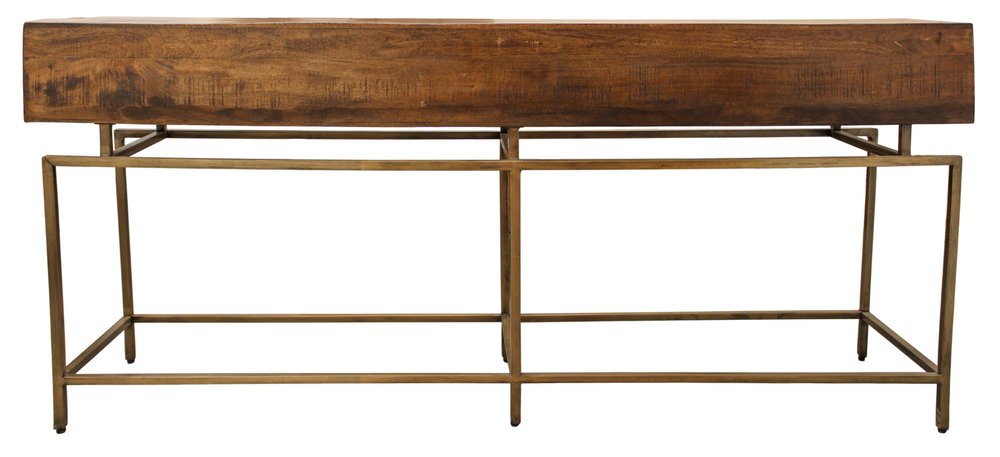 72" Brown and Brass Solid Wood Distressed Six Leg Console Table With Four Drawers