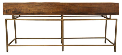 72" Brown and Brass Solid Wood Distressed Six Leg Console Table With Four Drawers