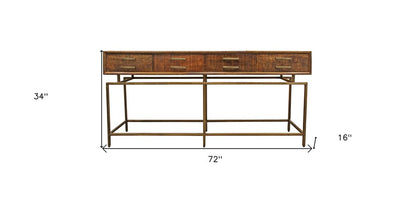 72" Brown and Brass Solid Wood Distressed Six Leg Console Table With Four Drawers