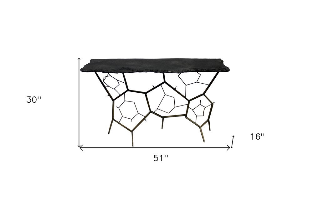 51" Black Stone and Iron Abstract Console Table