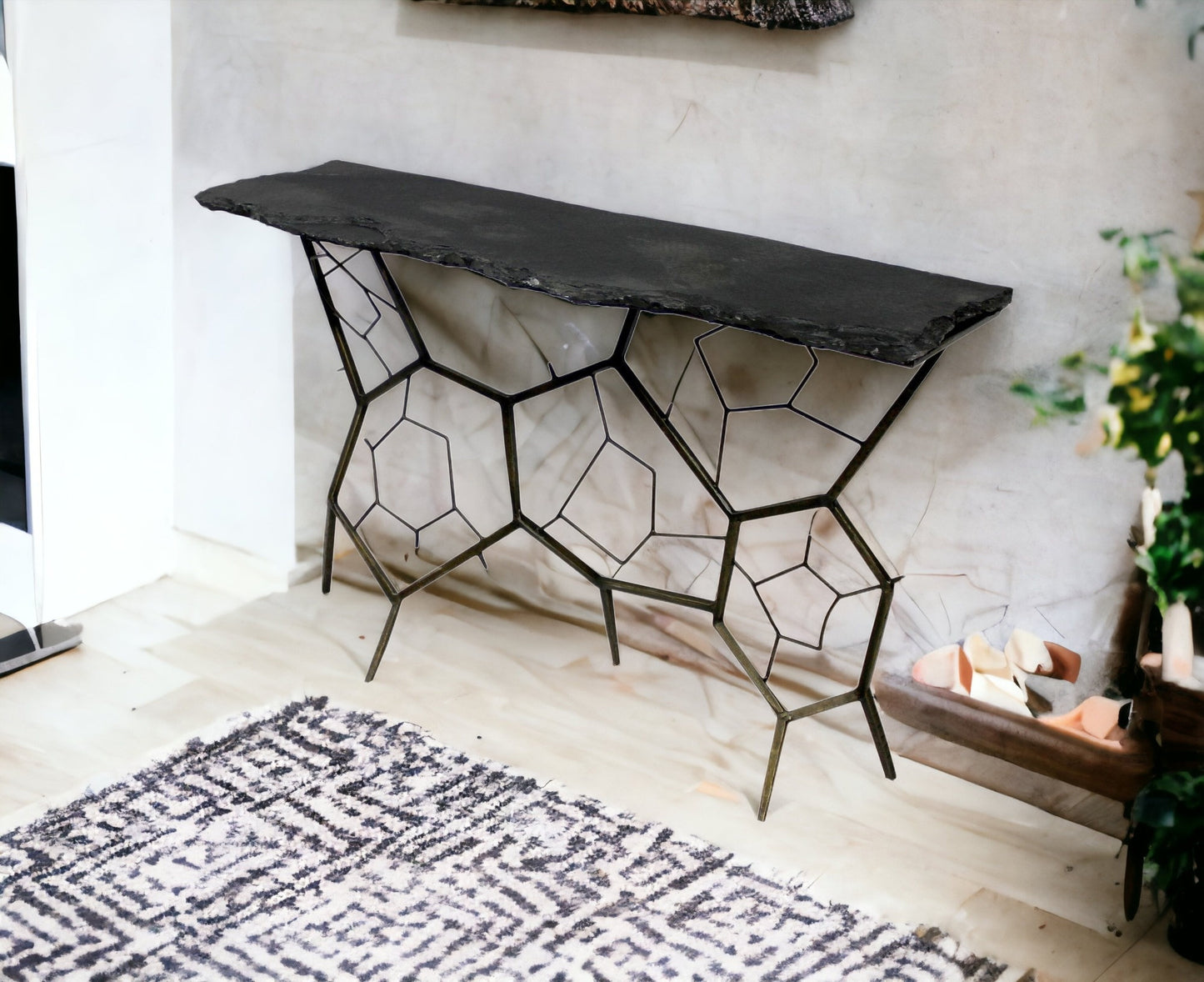 51" Black Stone Abstract Console Table