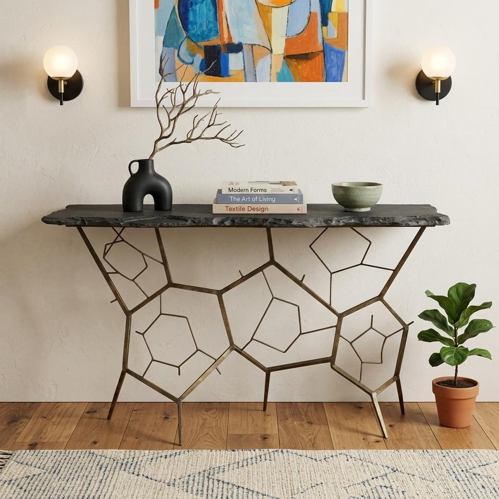 51" Black Stone and Iron Abstract Console Table