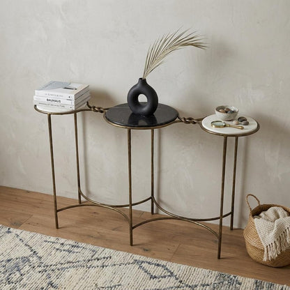 50" Black White And Gold Genuine Marble Round Six Leg Console Table