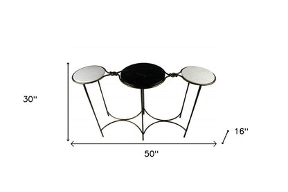 50" Black White And Gold Genuine Marble Round Six Leg Console Table