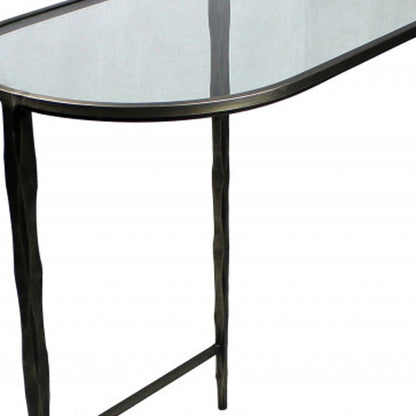 Set of Two 25" Black And Clear Glass And Genuine Marble Half Circle Three Leg Console Table