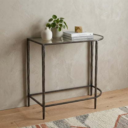 Set of Two 25" Black And Clear Glass And Genuine Marble Half Circle Three Leg Console Table