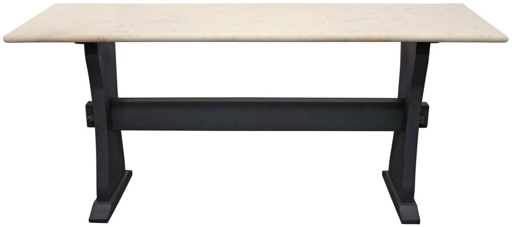 70" Ivory and Black Genuine Marble and Solid Wood Trestle Console Table