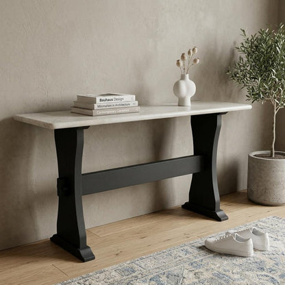 70" Ivory and Black Genuine Marble and Solid Wood Trestle Console Table