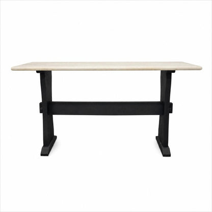 70" Ivory and Black Genuine Marble and Solid Wood Trestle Console Table