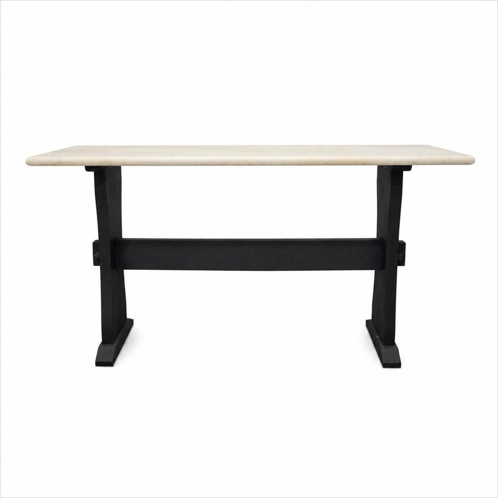 70" Ivory and Black Genuine Marble and Solid Wood Trestle Console Table