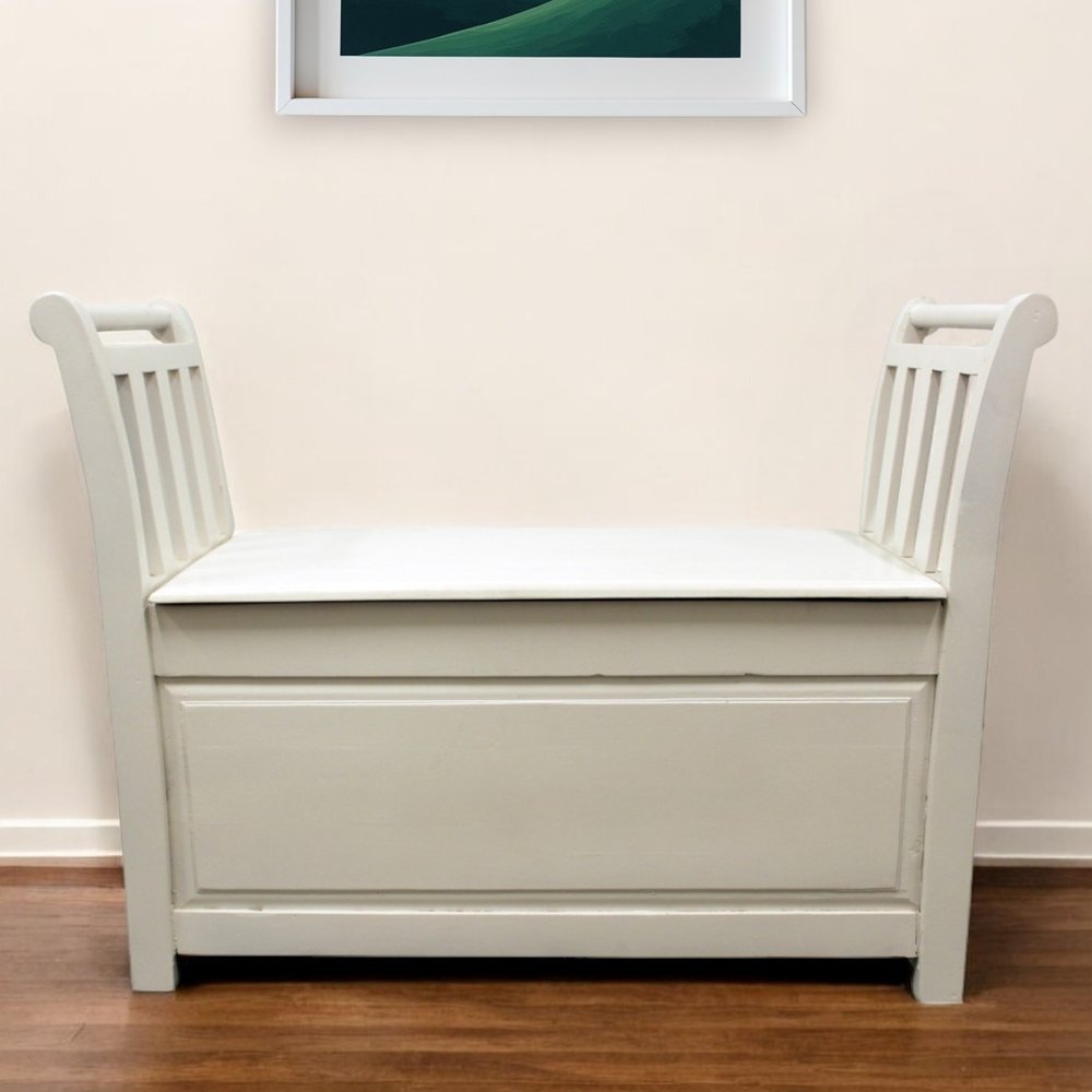 38" White Solid Wood Distressed Storage Entryway Stool With Flip Top