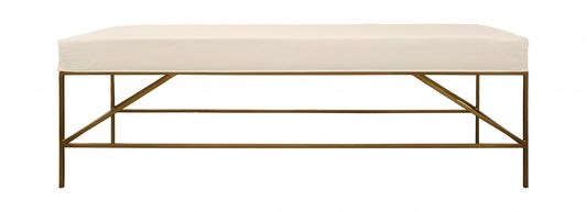 58" Ivory and Gold Upholstered Linen Bench