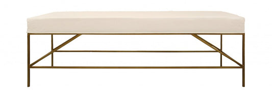 58" Ivory and Gold Upholstered Linen Bench