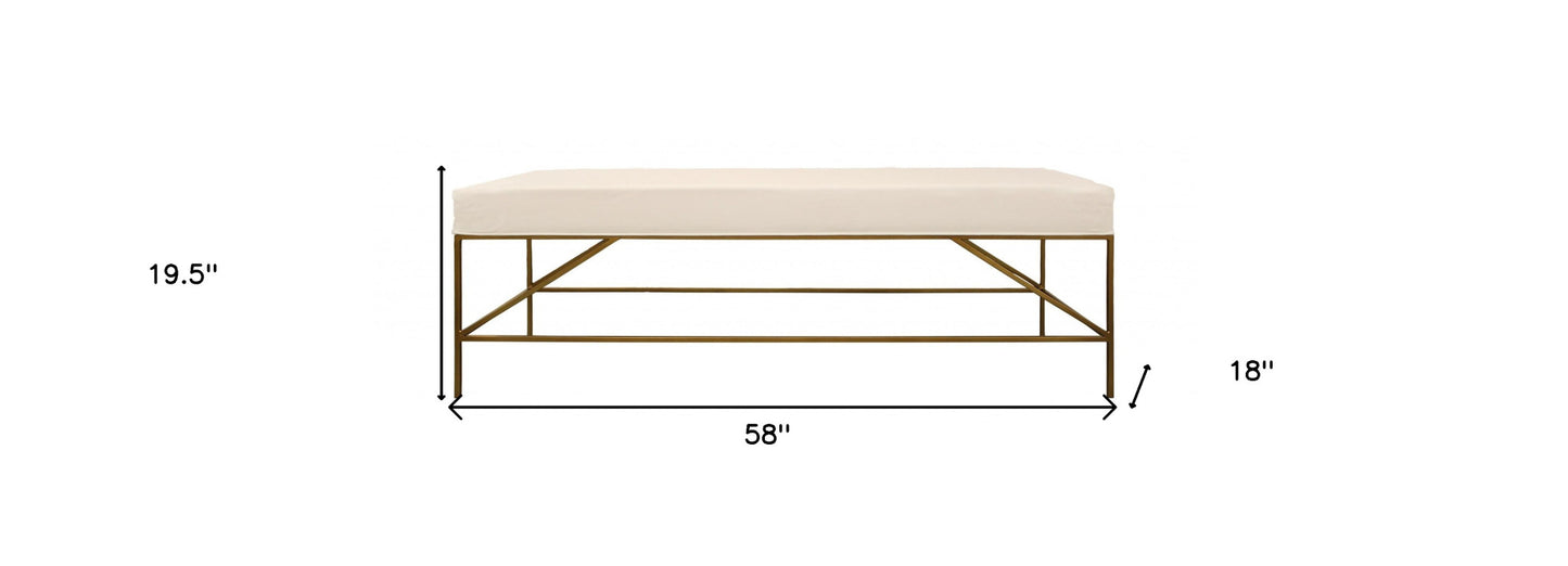 58" Ivory and Gold Upholstered Linen Bench