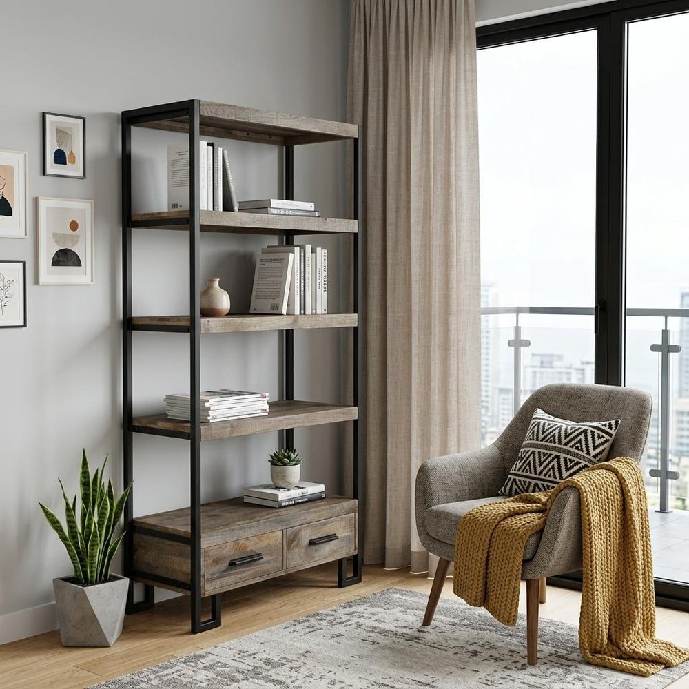 71" Brown Distressed Solid Wood Four Tier Etagere Bookcase with Two Drawers