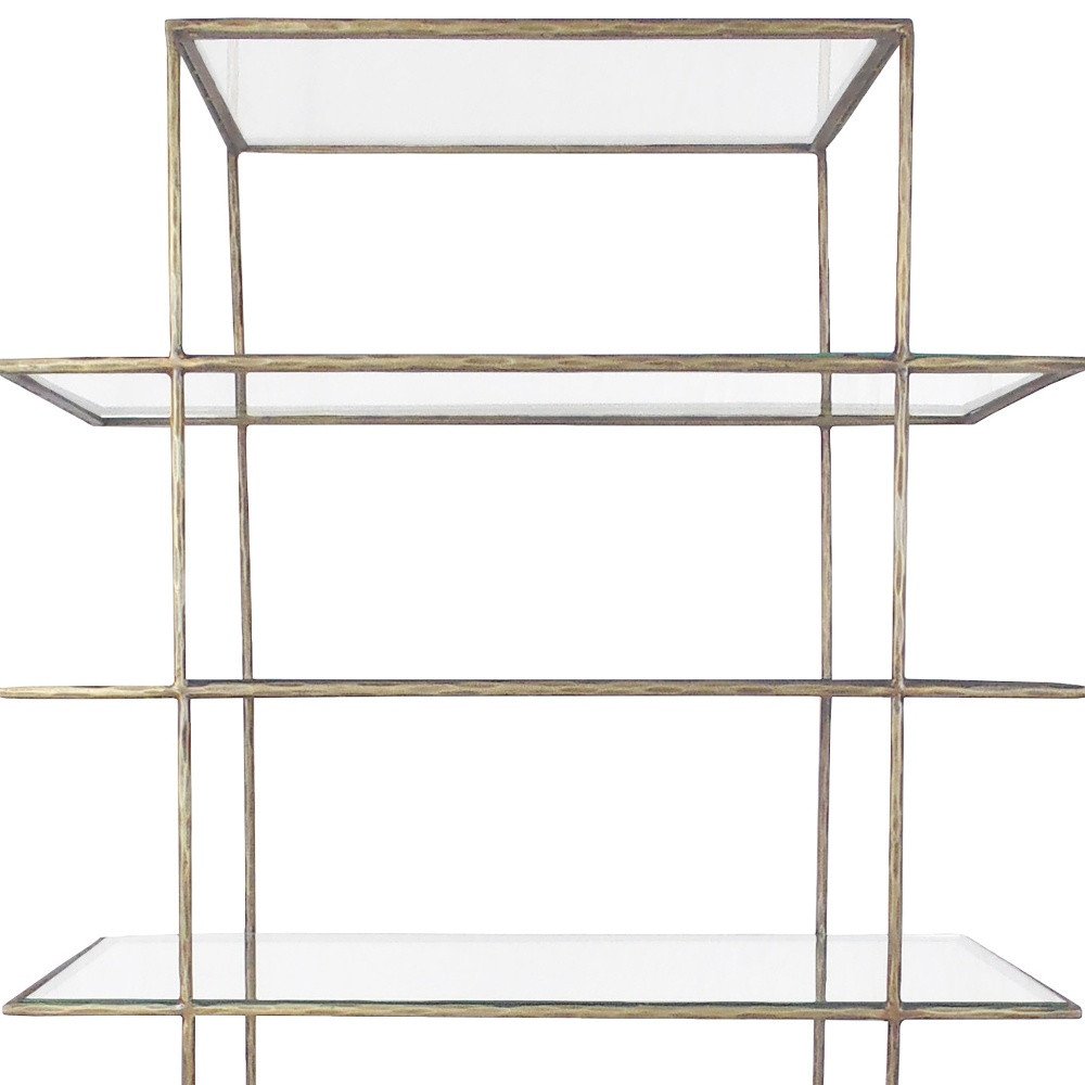 59" Antiqued Gold And Clear Iron and Glass Five Tier Etagere Bookcase