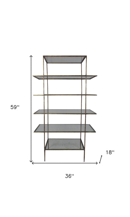 59" Brass Iron and Glass Five Tier Etagere Bookcase