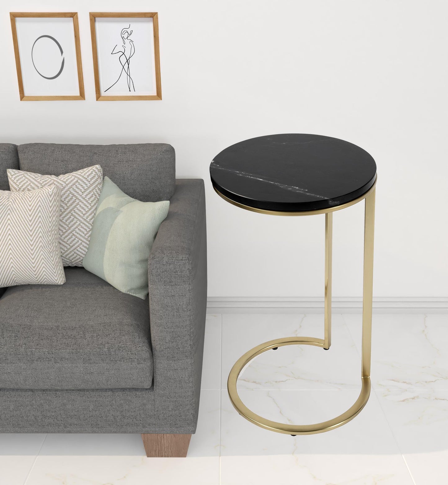 28" Black Marble Round End Table