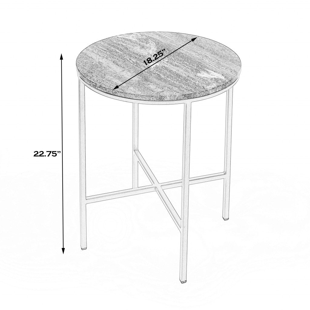 23" Brass And Gray Marble Round End Table