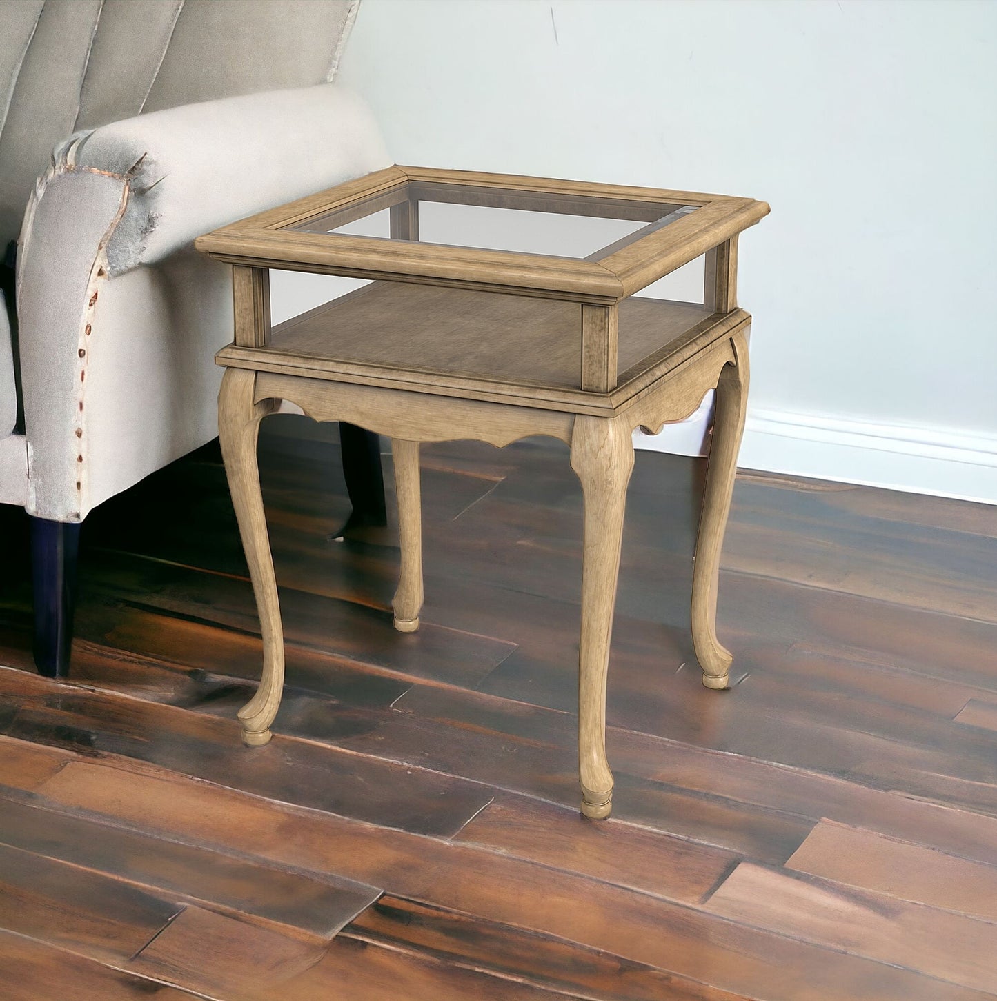 25" Beige Distressed Glass And Solid Wood End Table