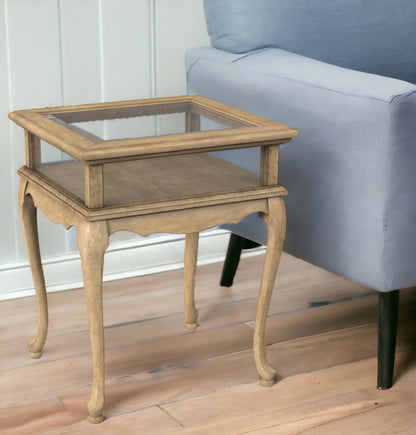 25" Beige Distressed Glass And Solid Wood End Table