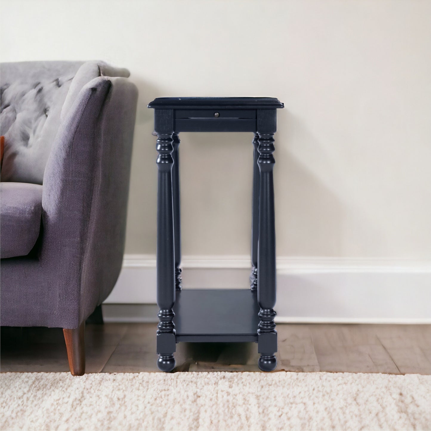 24" Black Distressed Wood And Wood End Table With Shelf