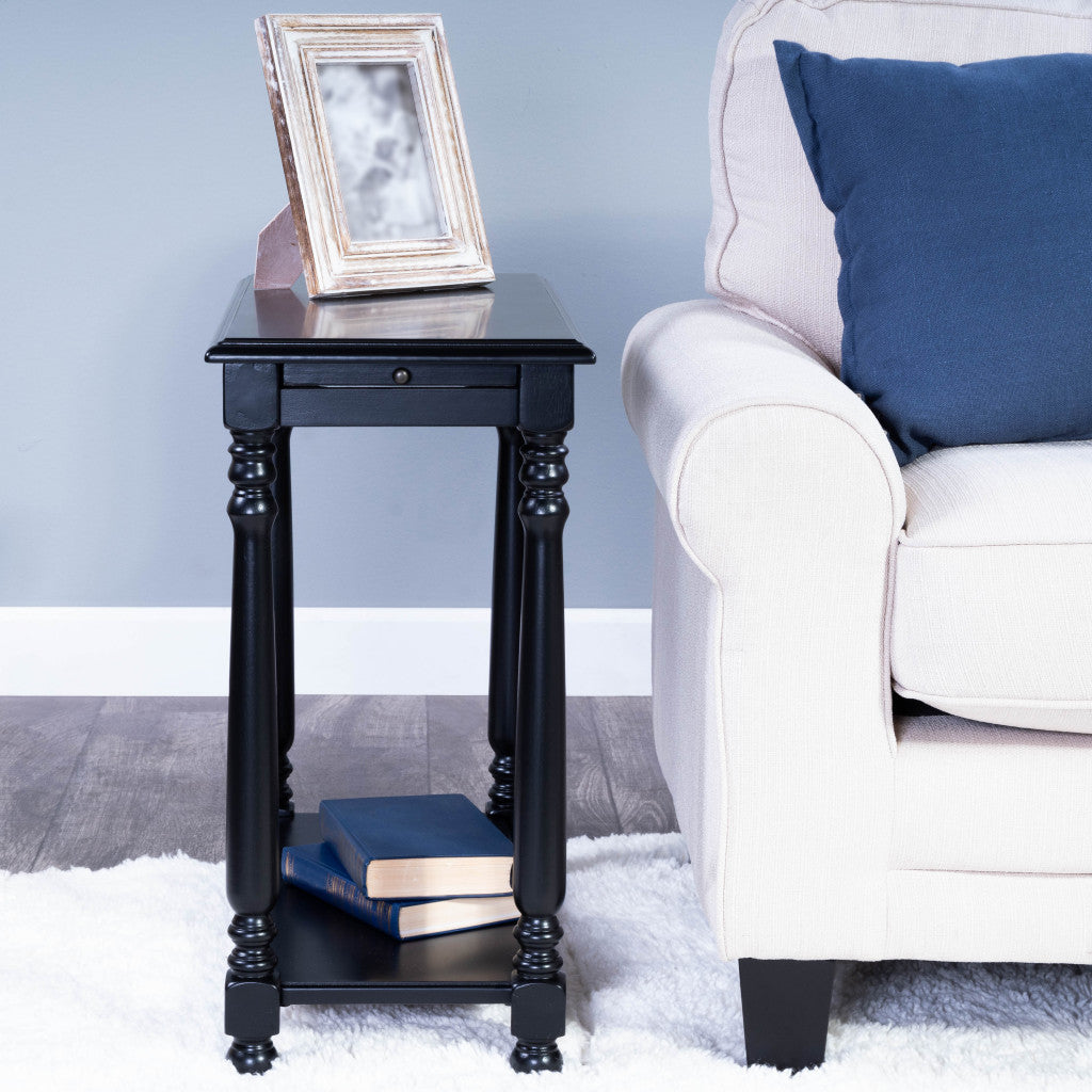 24" Black Distressed Wood And Wood End Table With Shelf