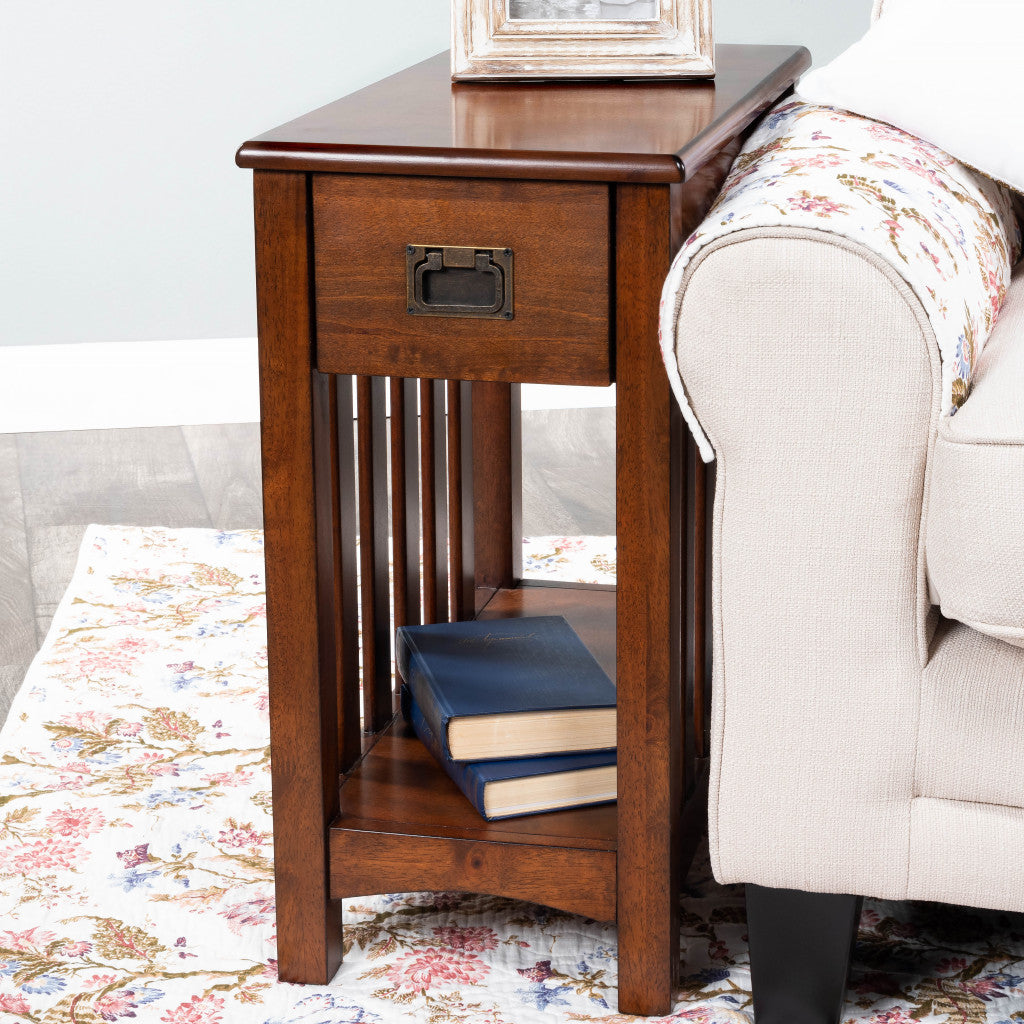 24" Dark Cherry Brown Rectangular End Table With Drawer And Shelf