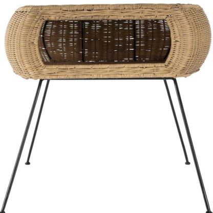 24" Black And Brown Distressed Rattan And Iron Round End Table With Shelf