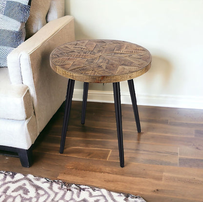 24" Brown Solid Wood and Black Round End Table