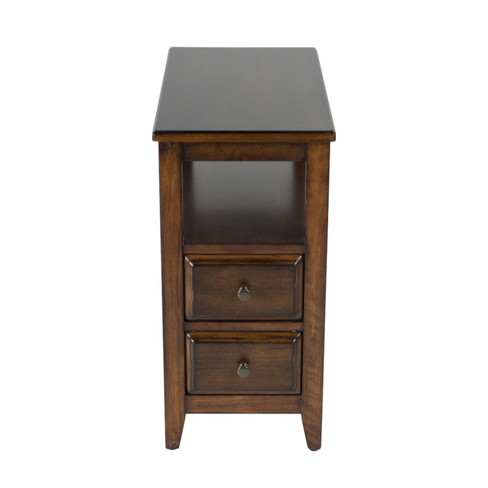 24" Brown Distressed End Table With Two Drawers And Shelf
