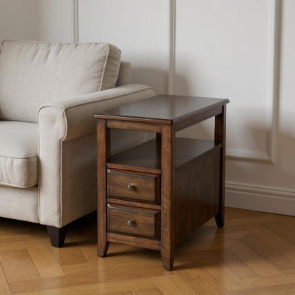 24" Brown Distressed End Table With Two Drawers And Shelf