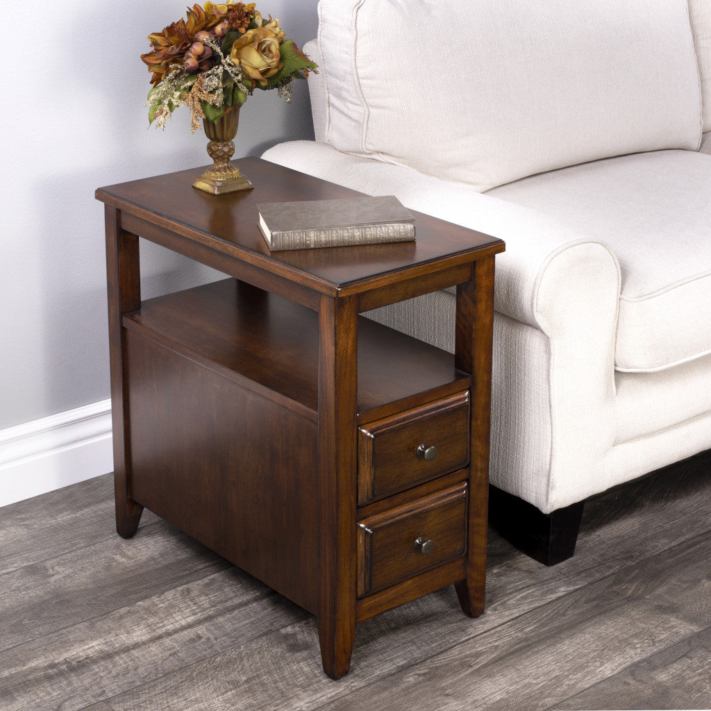 24" Brown Distressed End Table With Two Drawers And Shelf