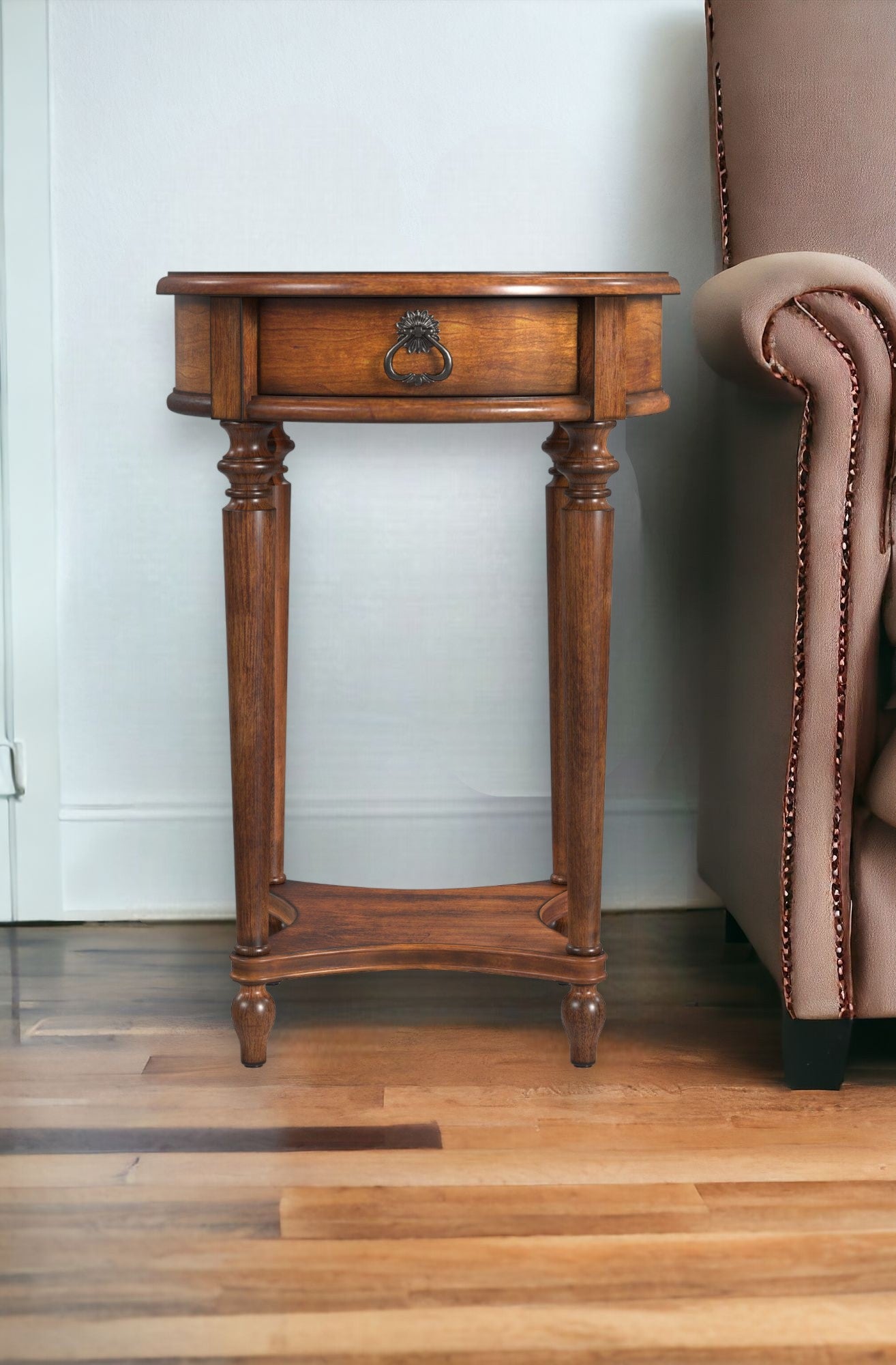 26" Antique Cherry Solid And Manufactured Wood Round End Table With Drawer And Shelf