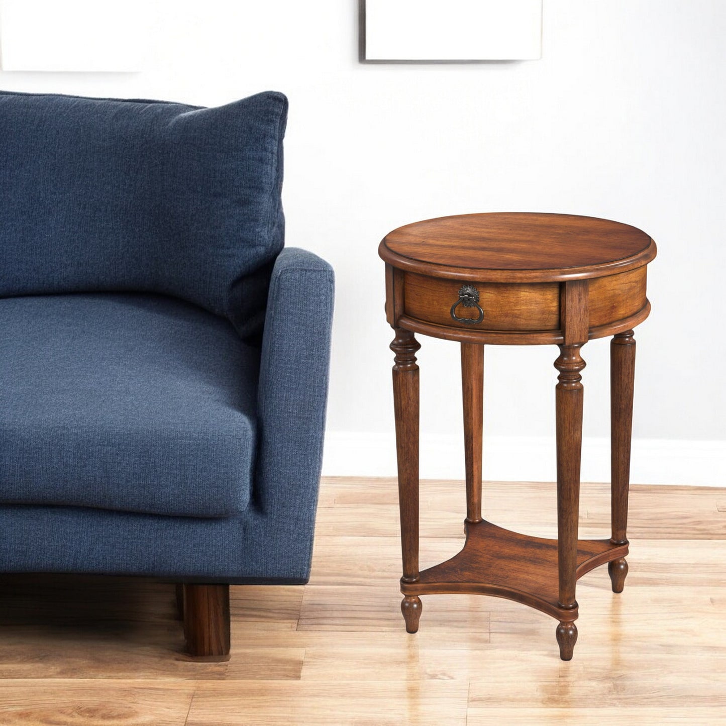 26" Brown Distressed Wood Round End Table With Drawer And Shelf