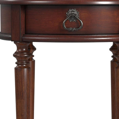 26" Brown Distressed Wood Round End Table With Drawer And Shelf