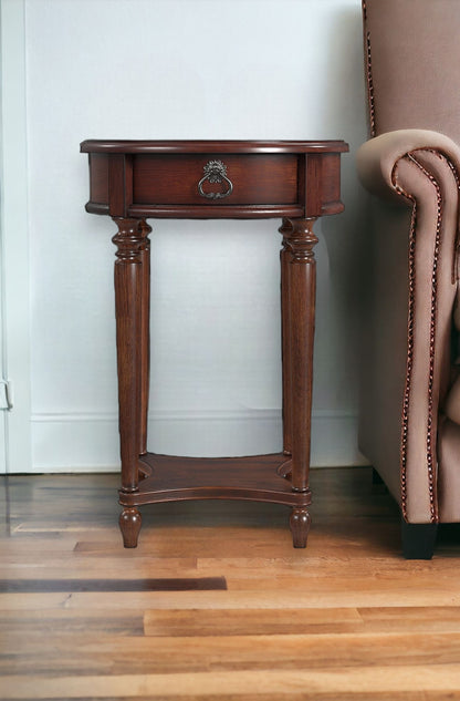 26" Brown Distressed Wood Round End Table With Drawer And Shelf