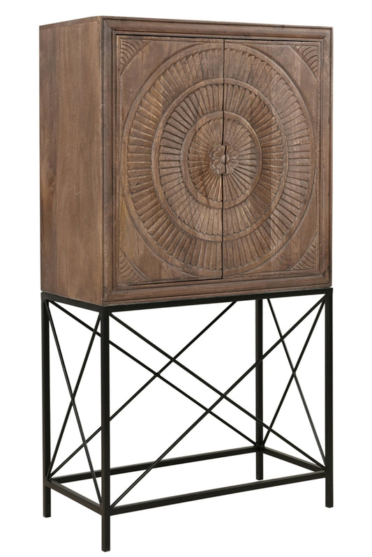 33" Brown Solid Wood Two Door Carved Wine Cabinet