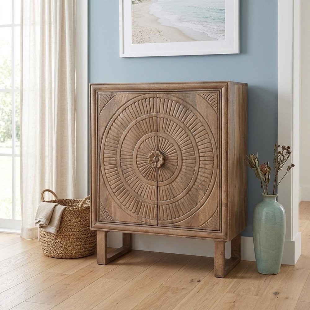 33" Distressed Brown Solid Wood Two Door Floral Carved Accent Cabinet