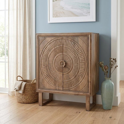 33" Distressed Brown Solid Wood Two Door Floral Carved Accent Cabinet