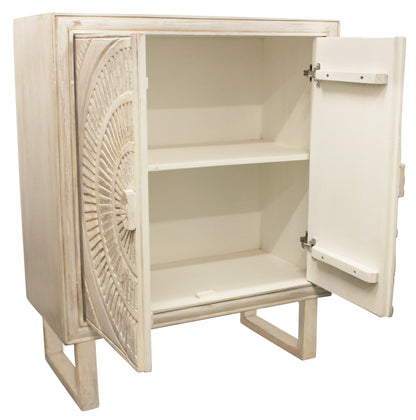 33" Distressed White Solid Wood Two Door Floral Carved Accent Cabinet