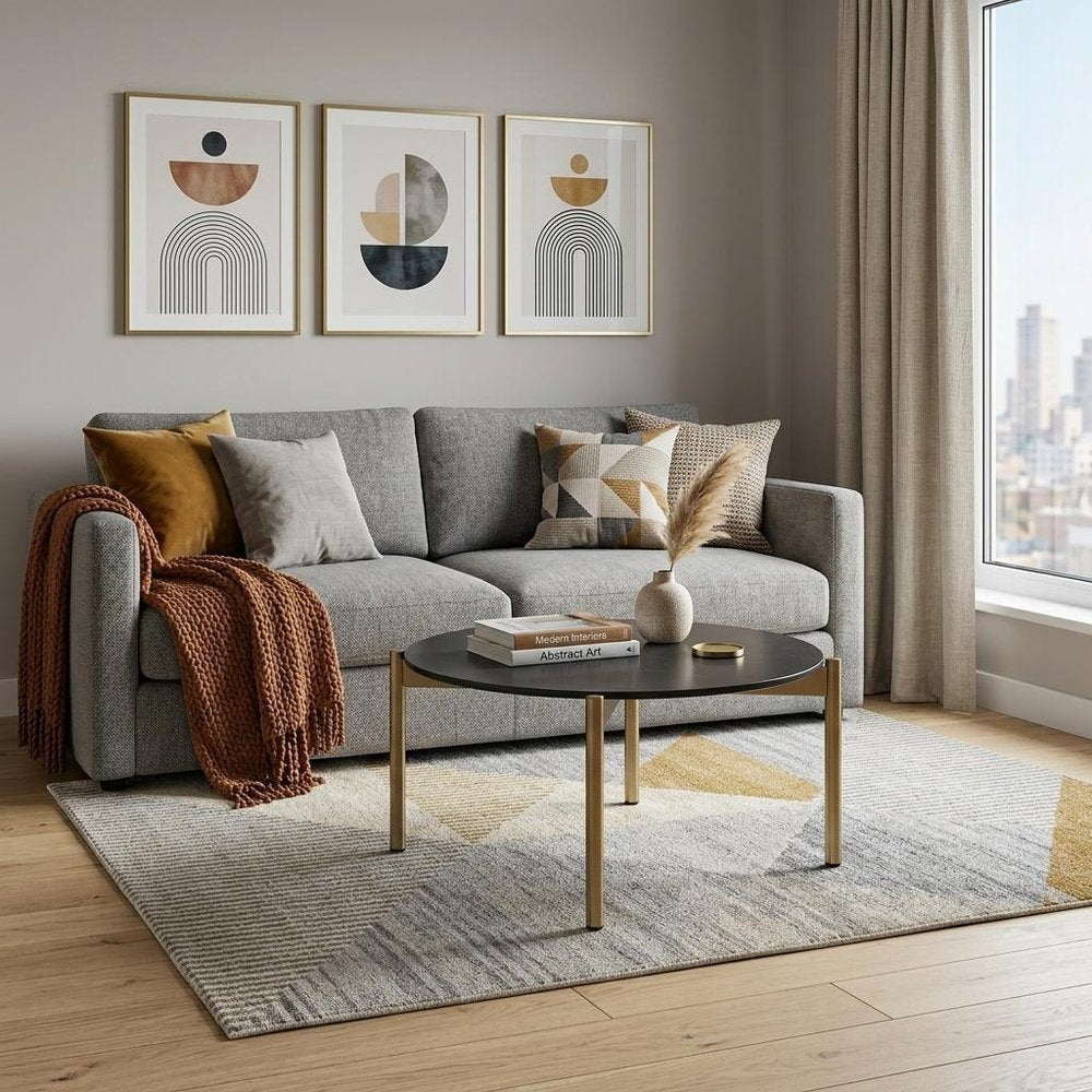 36" Black and Gold Faux Marble And Steel Round Coffee Table