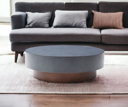48" Gray and Brown Steel And Copper Round Drum Coffee Table