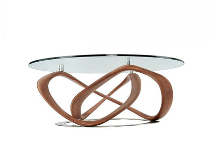 39" Clear and Brown Glass And Solid Wood Round Abstract Coffee Table