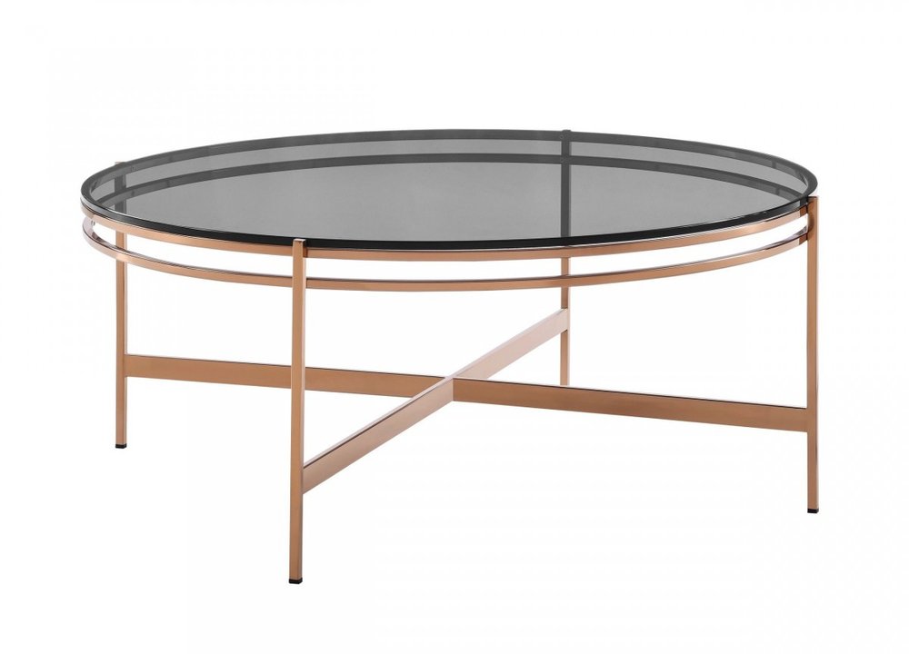 35" Gray and Gold Glass And Stainless Steel Round Coffee Table