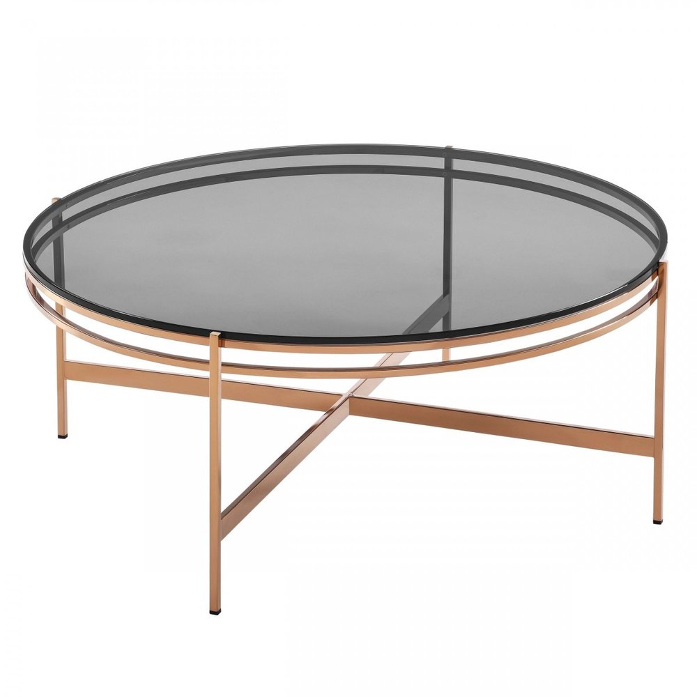 35" Gray and Gold Glass And Stainless Steel Round Coffee Table