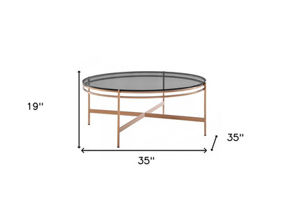 35" Gray and Gold Glass And Stainless Steel Round Coffee Table