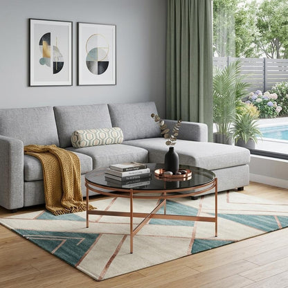 35" Gray and Gold Glass And Stainless Steel Round Coffee Table